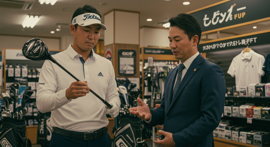 ゴルフショップで、ゴルファーの男性が手にするゴルフクラブについて、スーツ姿の店員が説明している。