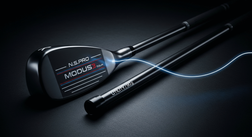暗い背景に置かれたN.S. PRO MODUS3 TOURのゴルフクラブヘッドとUTILITY/90gと書かれた黒いシャフトの間を、青い光の曲線が流れる洗練されたゴルフ用品の画像。