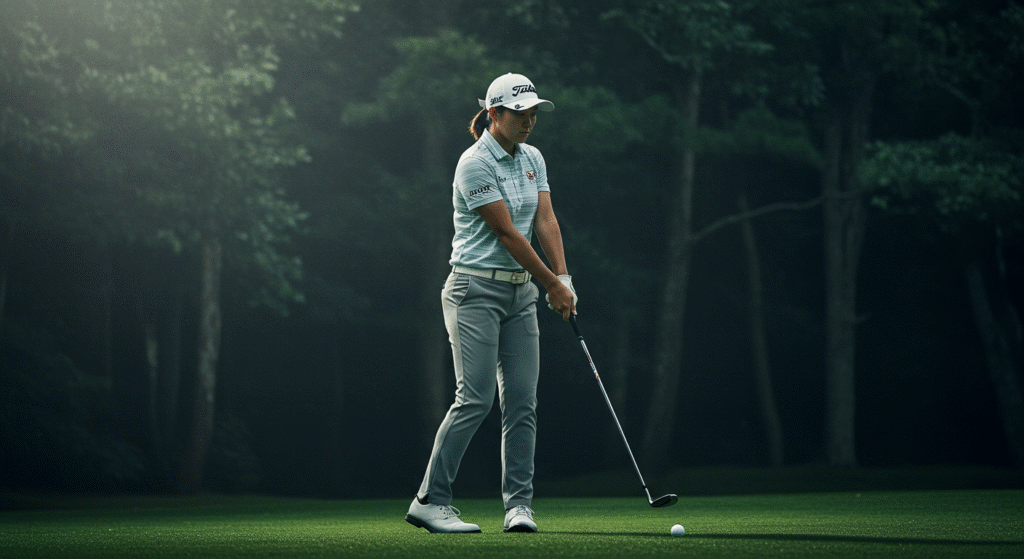 薄暗い森を背景に、Titleistのキャップとストライプのポロシャツを着た女性ゴルファーが、ゴルフボールを見ながらクラブを構えている。