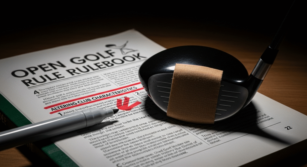 「OPEN GOLF RULEBOOK」と題されたルールブックの「ALTERING CLUB CHARACTERISTICS」という赤字でチェックされた項目の上に、絆創膏が貼られたゴルフクラブのヘッドとペンが置かれている。