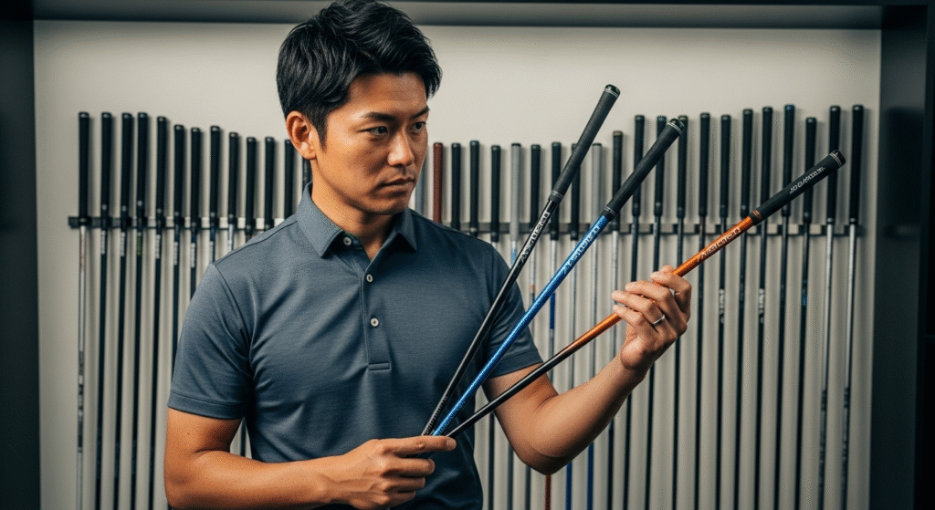 多くのゴルフシャフトが並ぶ背景の前で、男性が黒、青、オレンジの3本のゴルフシャフトを手に持ち、じっと見つめている様子。