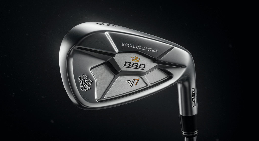 金色の王冠と「BBD」のロゴ、「ROYAL COLLECTION」「V7」の文字、精巧なエンブレムが刻まれたメタリックなゴルフクラブのヘッドが、シャフトの「BBDS」という縦書きの文字と共に写っています。