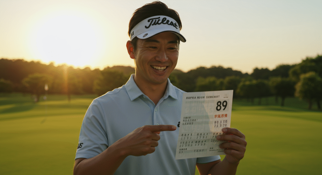 夕暮れのゴルフコースで、笑顔の男性が「89」と書かれたゴルフのスコアカードを指差しています。