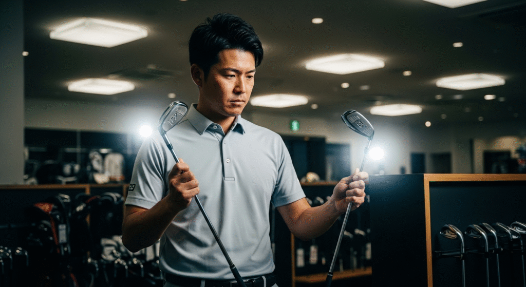 若い男性がゴルフショップで2本のゴルフクラブを見比べている。