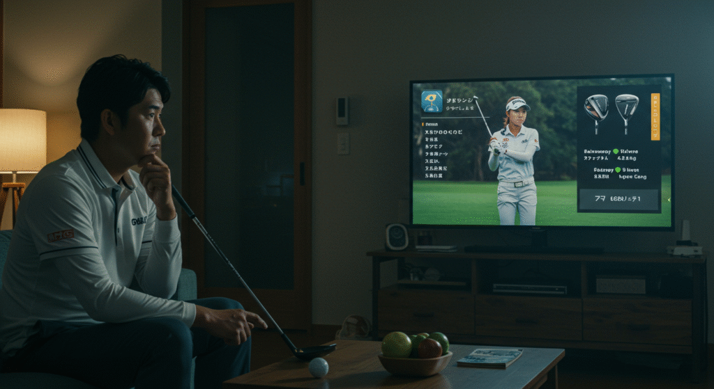 薄暗い部屋で、ゴルフウェアを着た男性がゴルフクラブを手に持ち、テレビに映るゴルフのプレーヤーとゴルフクラブの情報を見つめている。
