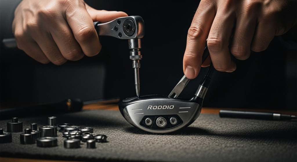 両手が工具を使ってRODDIOのゴルフクラブヘッドの調整可能なウェイトを調整しており、前景には交換用の様々なウェイトが置かれている。