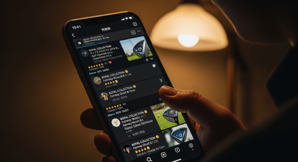 薄暗い部屋で、人物がゴルフ用品のリストが表示されたスマートフォンを操作しています。