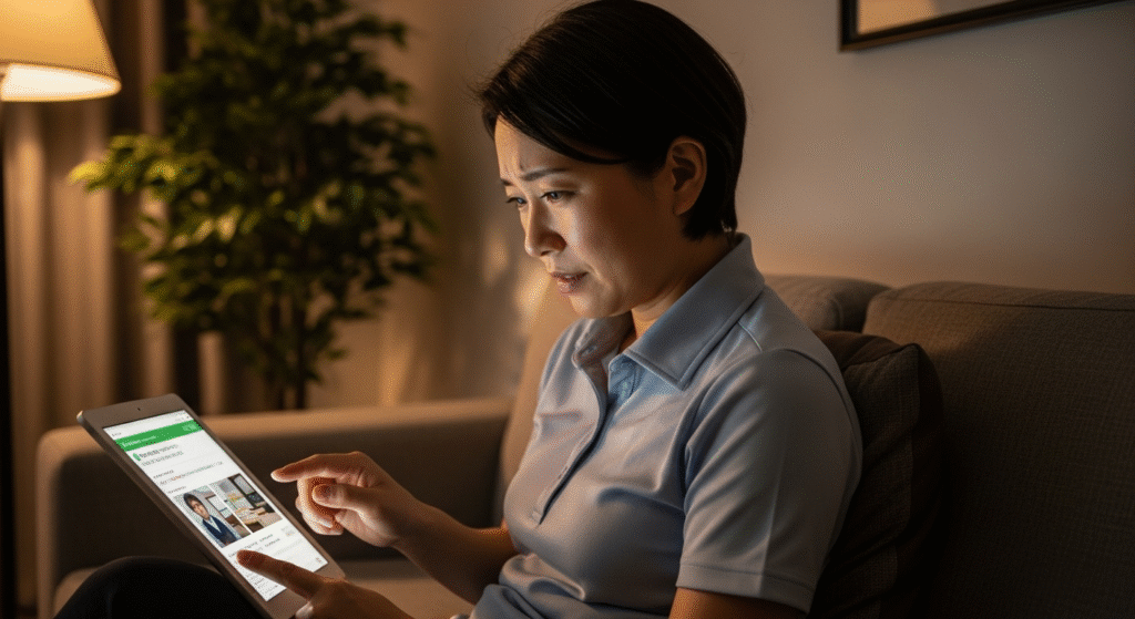 薄暗いリビングのソファで、女性が真剣な表情でタブレットを操作しています。