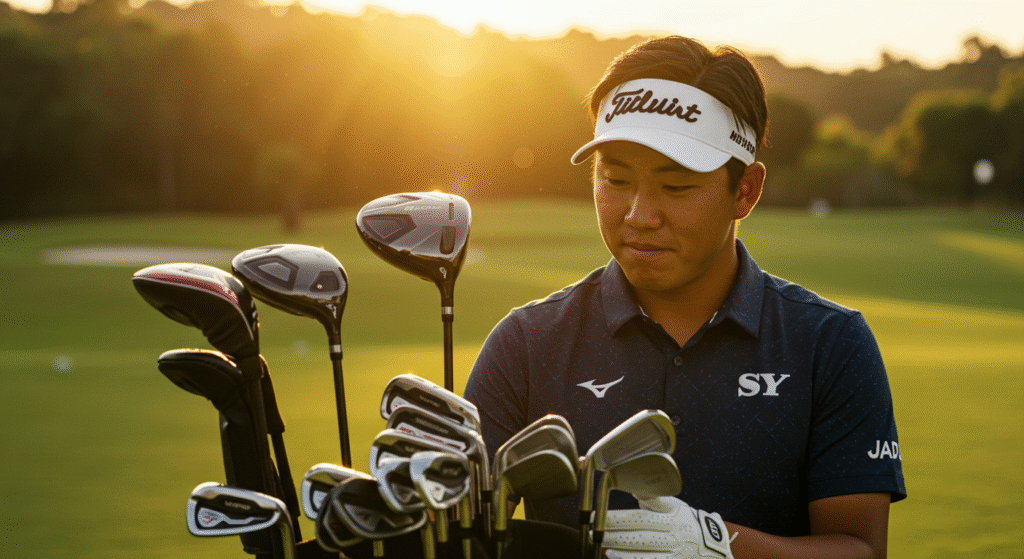 夕日に照らされたゴルフコースで、TitleistのサンバイザーとMizunoのポロシャツを着用した若い男性ゴルファーが、ゴルフバッグに入った自身のクラブを見つめている。