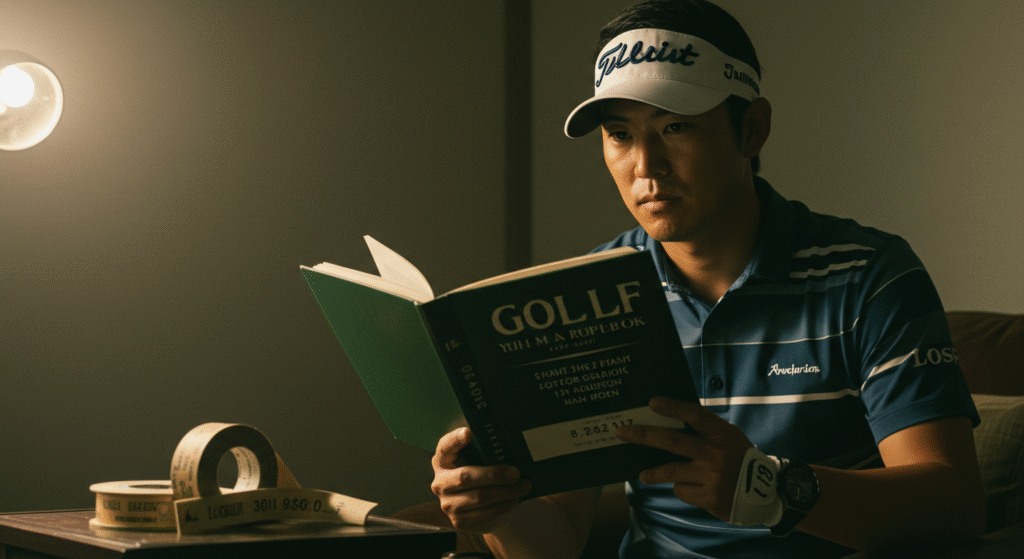 ランプの光の下、ゴルフウェアの男性が「GOLLF」というタイトルの本を集中して読んでいます。