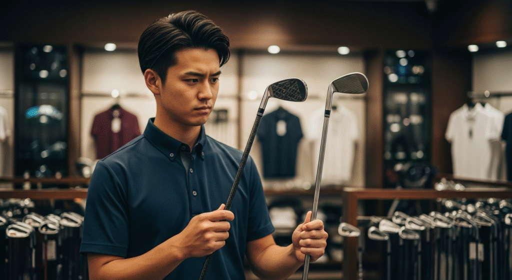 ゴルフショップで、若い男性が2本のゴルフクラブを手に持ち、真剣に品定めしています。