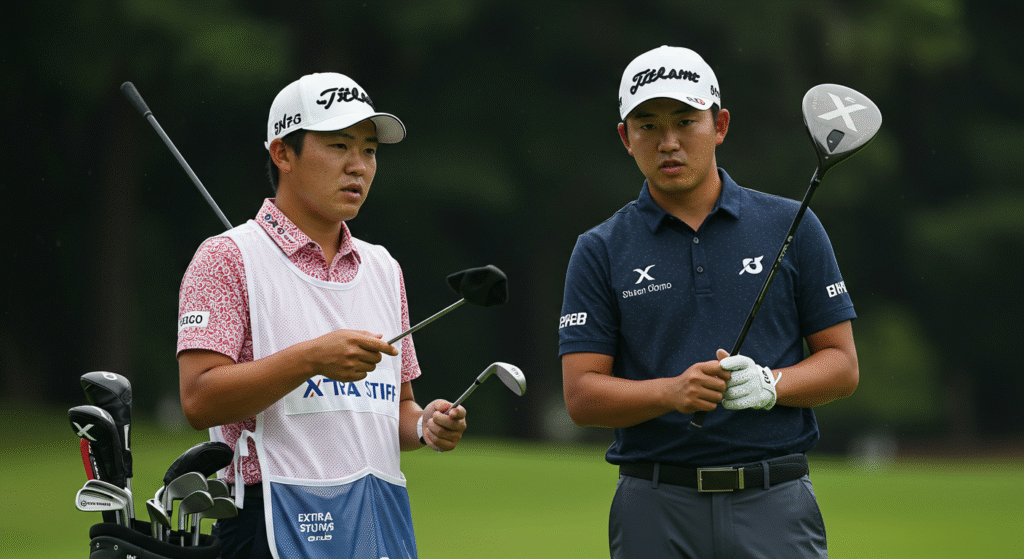 ゴルフコースで、クラブを持つキャディーとドライバーを構えるゴルファーの2人の男性が、真剣な表情で前を見ている。