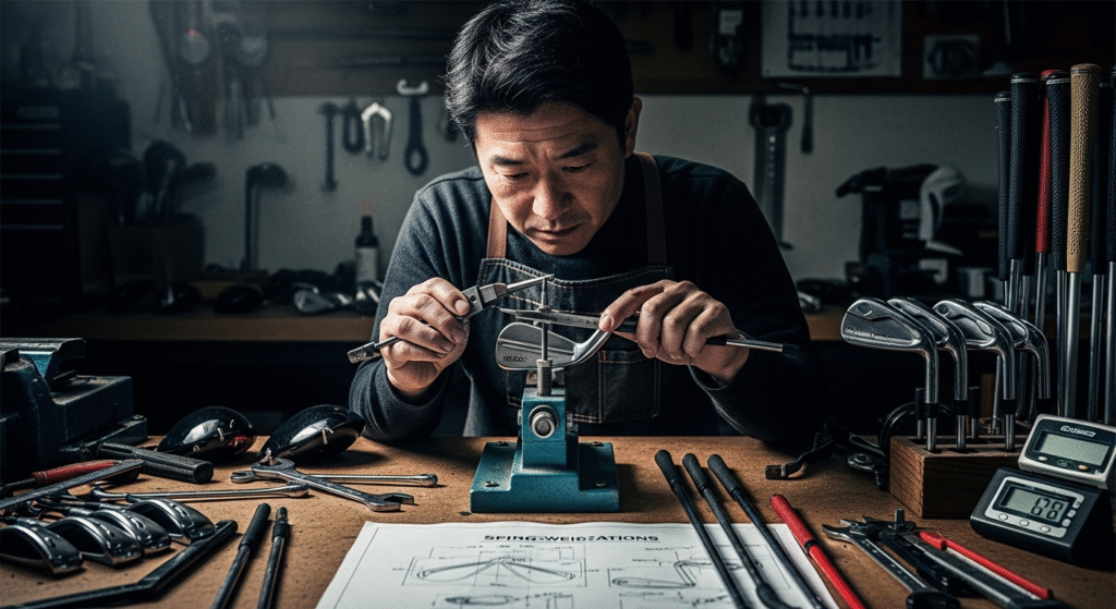 ゴルフクラブ工房で、職人が真剣な表情で専門の道具を使い、ゴルフクラブのヘッドを調整している様子。