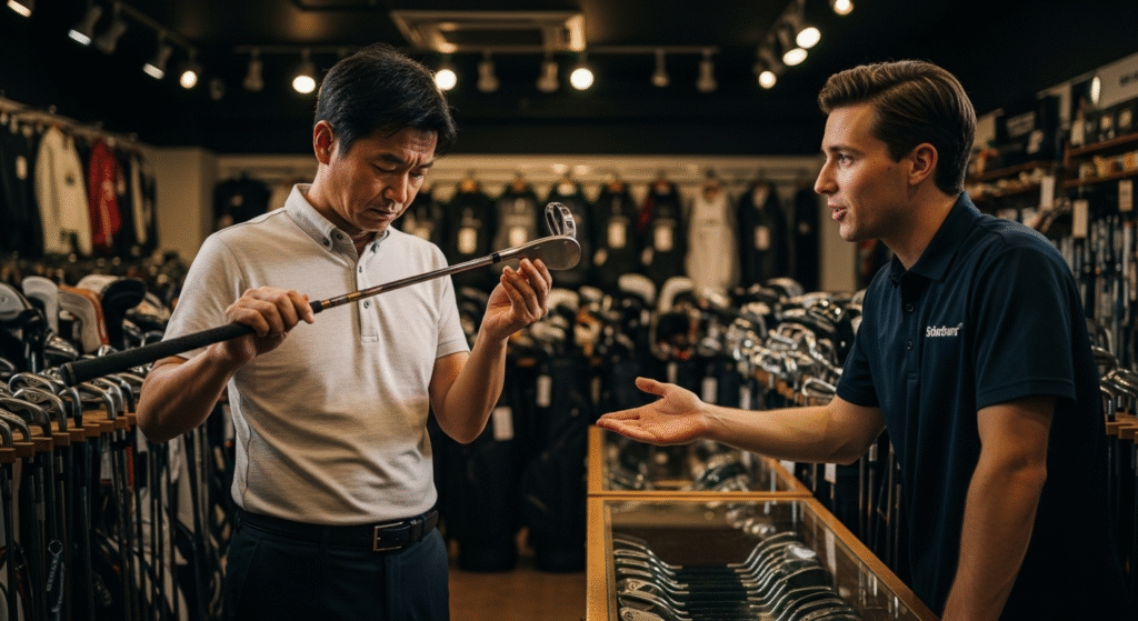 ゴルフショップで、男性客がゴルフクラブを手に取って見ており、店員が説明している。