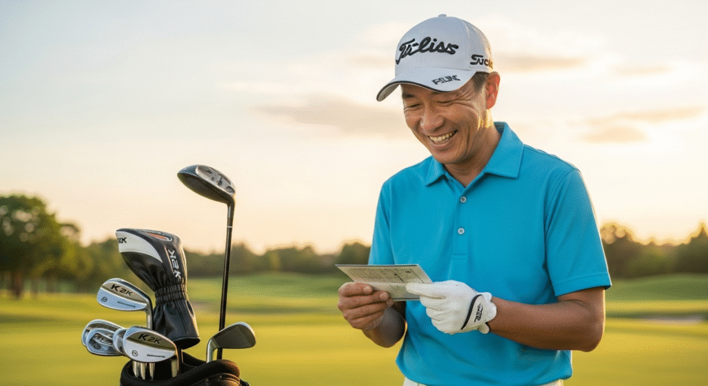 ゴルフコースで、Titleistのキャップをかぶった男性がスコアカードを手に満面の笑みを浮かべている。