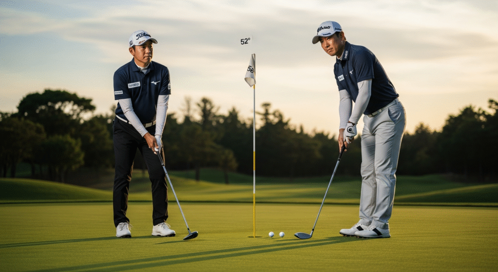 夕焼けのゴルフグリーンで、二人の男性ゴルファーが52度と56度の練習目標に向けてボールを打つ構えをしている。