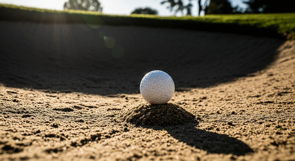 砂地のバンカーに置かれた白いゴルフボールに低い太陽光が差し込み、長い影を落としている。