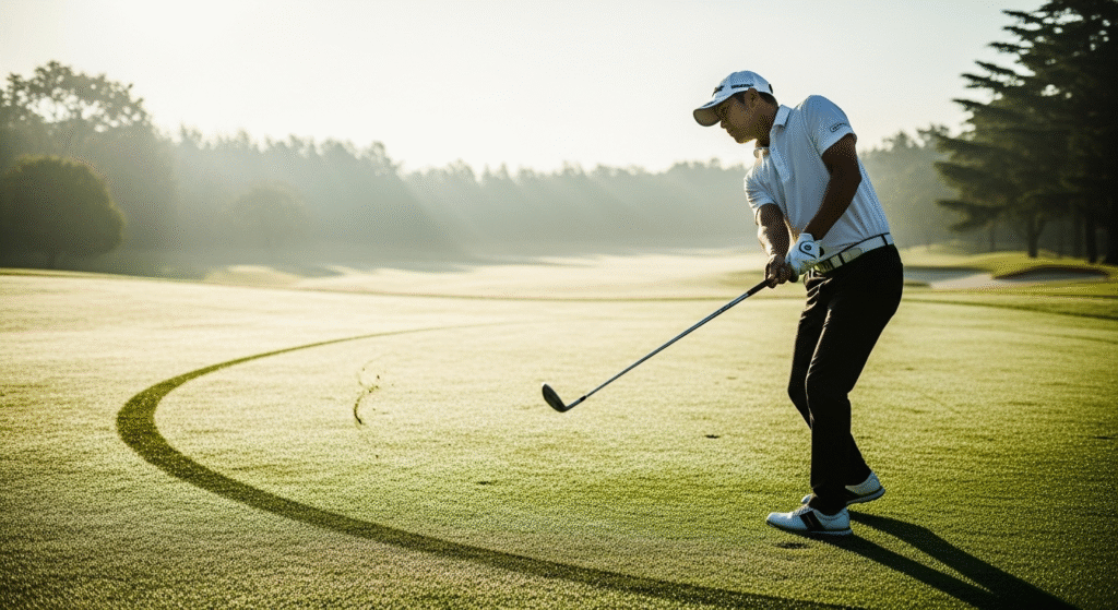 早朝の霞んだゴルフ場で、ゴルファーがショットを打った直後、金色の光が当たる芝生には弧を描く打球の跡と長い影が伸びている。