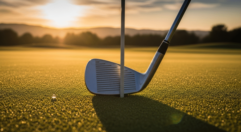 夕日に照らされ露がきらめくゴルフコースのグリーンに、ゴルフクラブと旗竿が立つ様子。