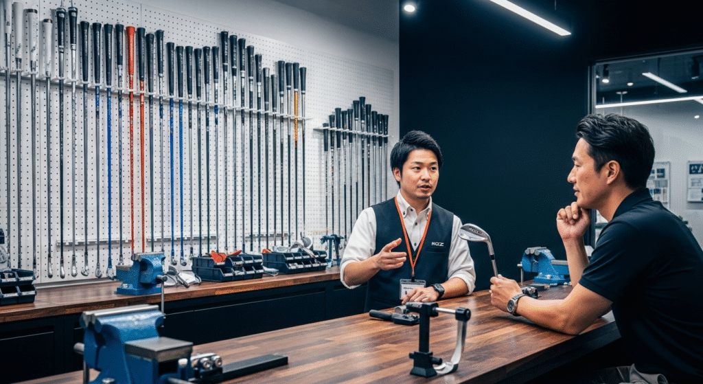 多数のゴルフクラブシャフトが並ぶ壁を背景に、ゴルフクラブのフィッティングカウンターで店員が顧客に説明し、顧客はクラブを手に耳を傾けている。