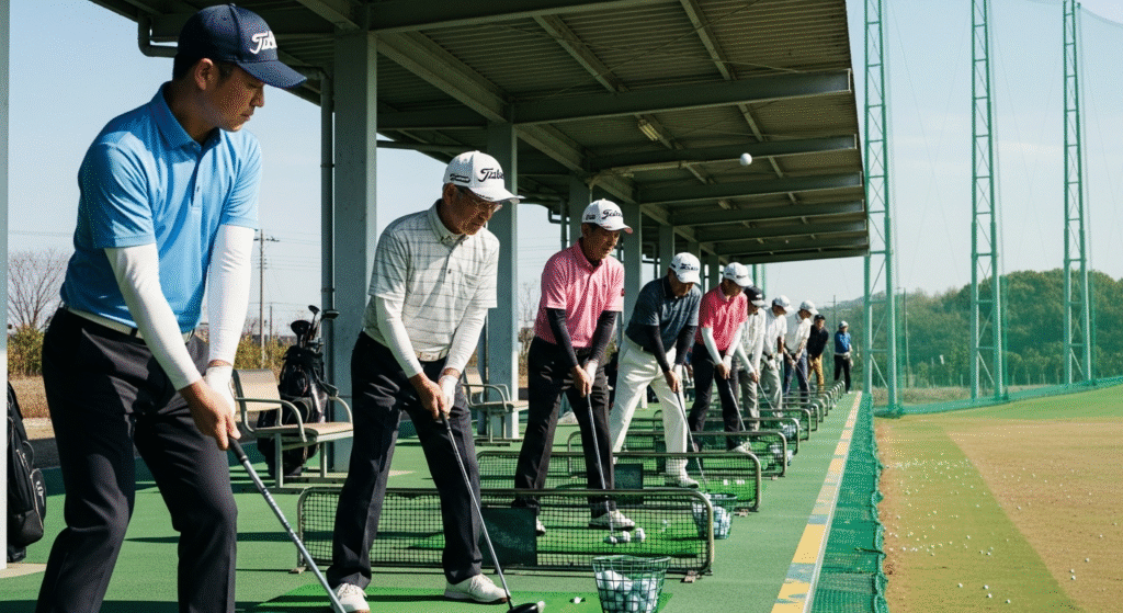 日中のゴルフ練習場で、様々な年齢の男性たちが並んでゴルフボールを打っている。