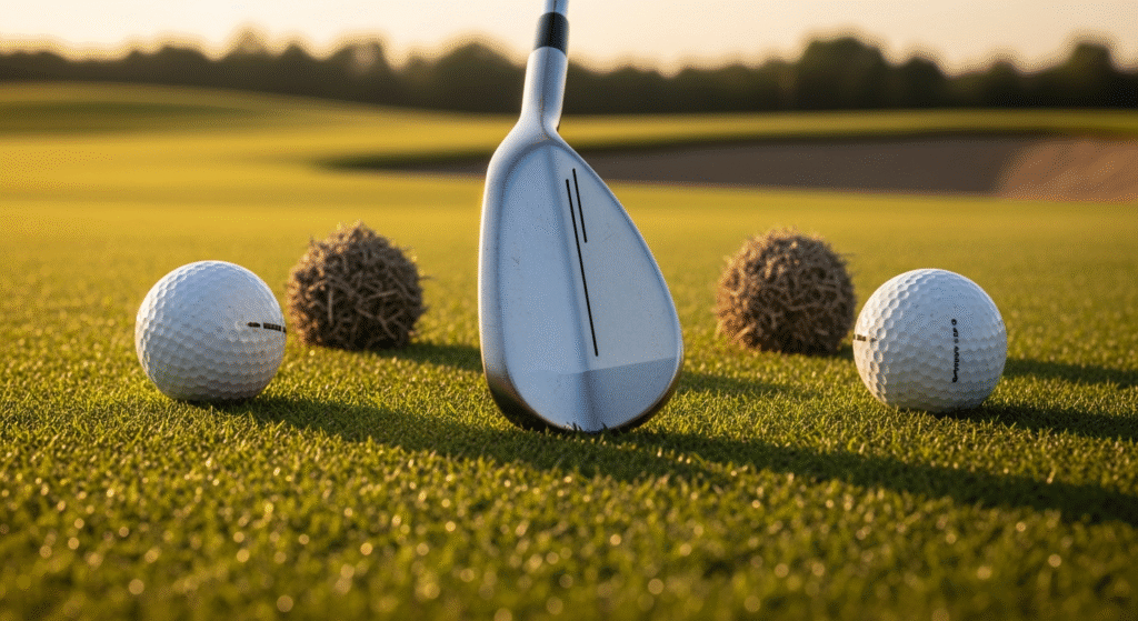 夕日が当たるゴルフコースの芝生に、ゴルフクラブ、2つのゴルフボール、2つの枯れ草の塊が並んでいる。