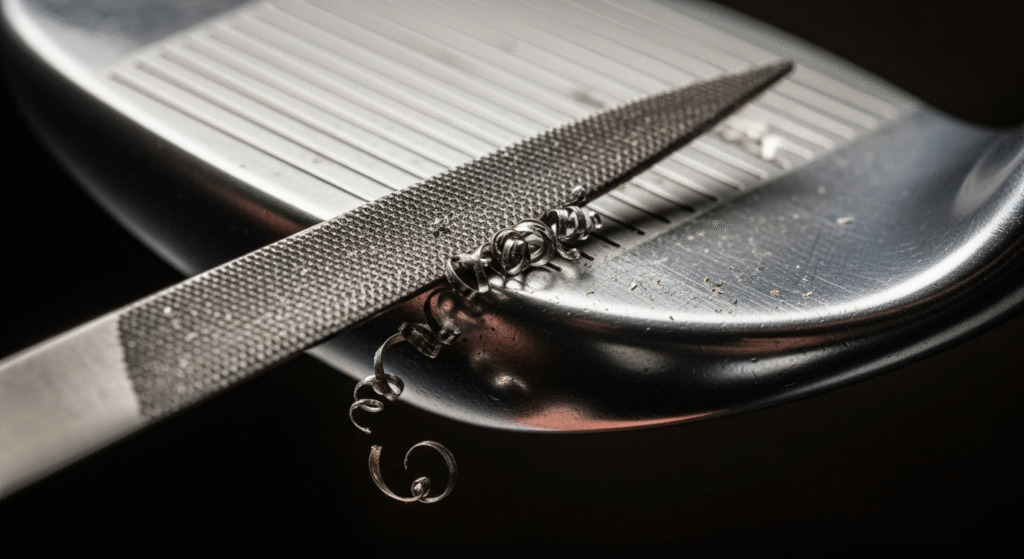 金属やすりが置かれたゴルフウェッジのヘッドに、削り取られた金属の削りくずが散らばっている様子。