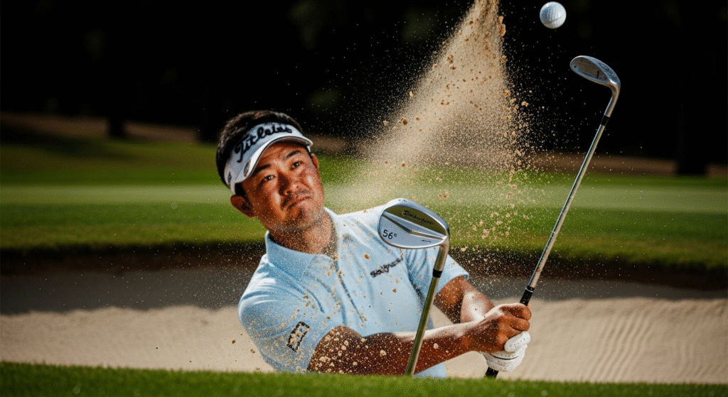 バンカーから大量の砂とゴルフボールを空中に打ち上げる男性ゴルファーの瞬間。