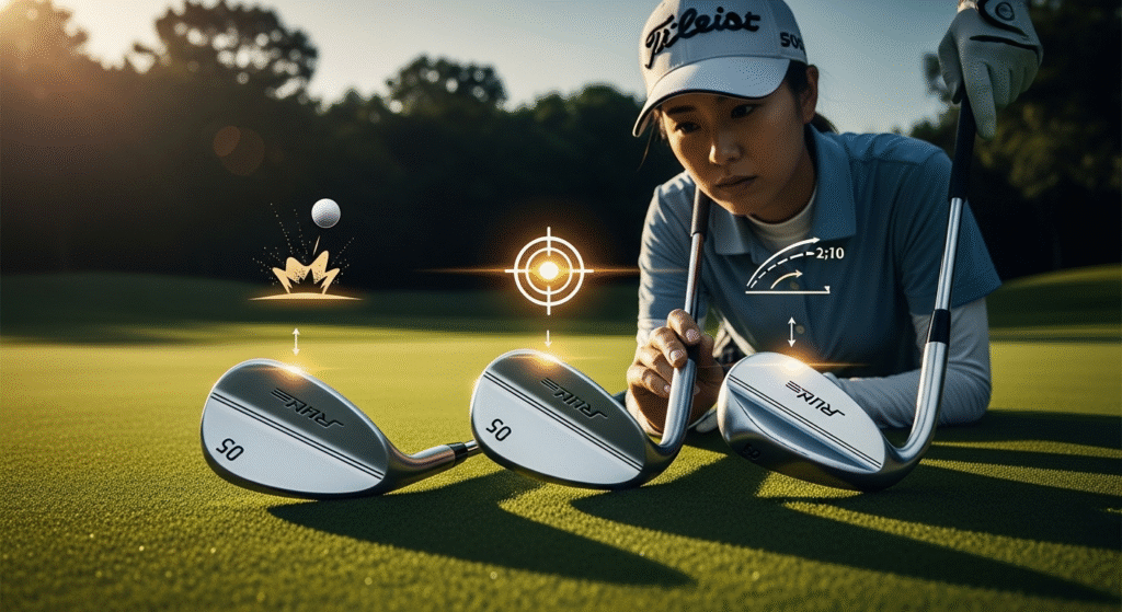 ゴルフコースで女性ゴルファーが、ボールの軌道、ターゲット、スイングに関するグラフィック表示とともに、複数のゴルフウェッジを分析しています。