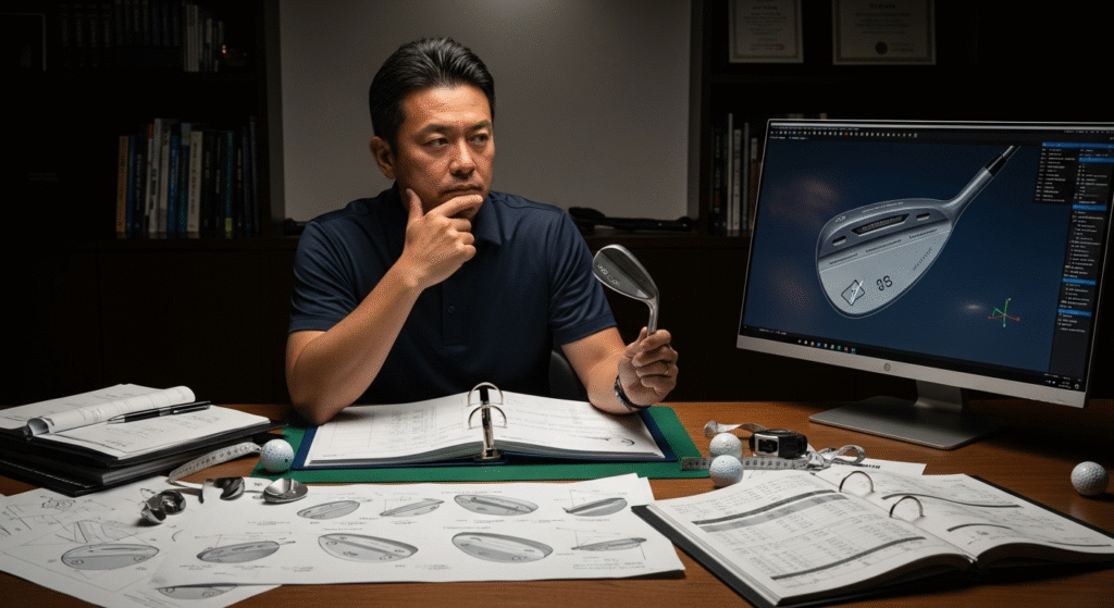 ゴルフクラブの設計者が、机の上で実際のクラブヘッドを手元で確認しながら、コンピューター画面に表示されたその3Dモデルを思案深く見つめている様子。