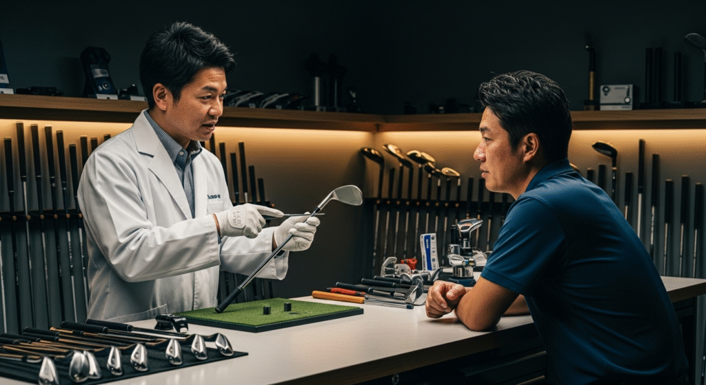 ゴルフ用品店で、白衣を着た男性が客にゴルフクラブのフィッティングについて説明している様子。