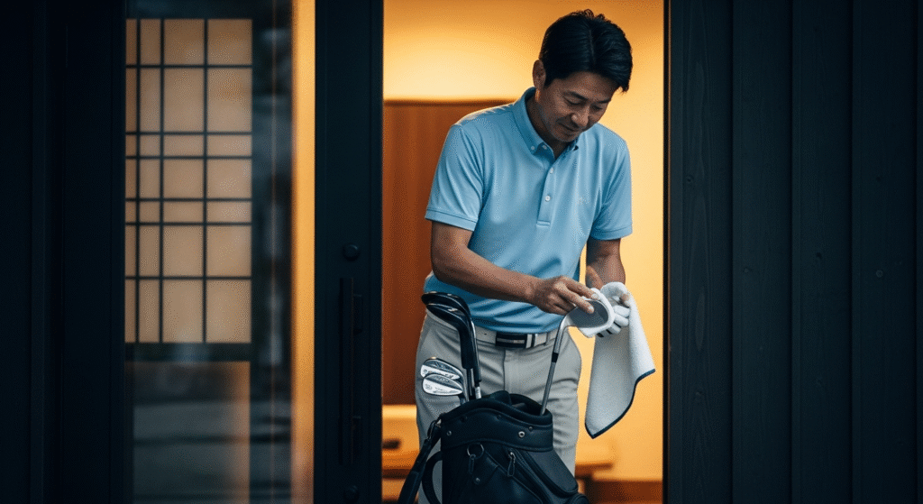 水色のポロシャツを着た男性が、黒いゴルフバッグの隣でゴルフクラブを白いタオルで拭いています。