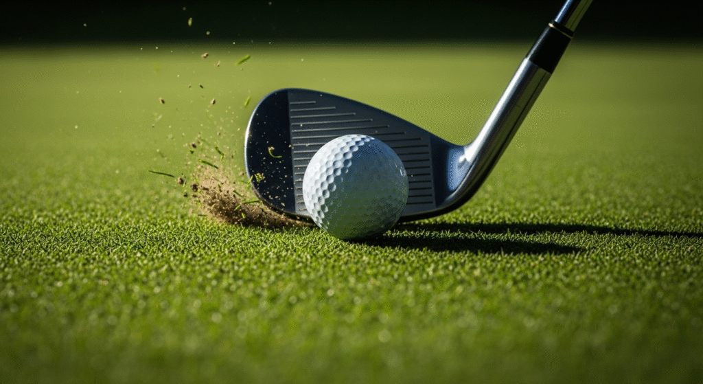 ゴルフコースの芝生の上で、ゴルフクラブがゴルフボールを打ち、土と芝が勢いよく飛び散っている瞬間。