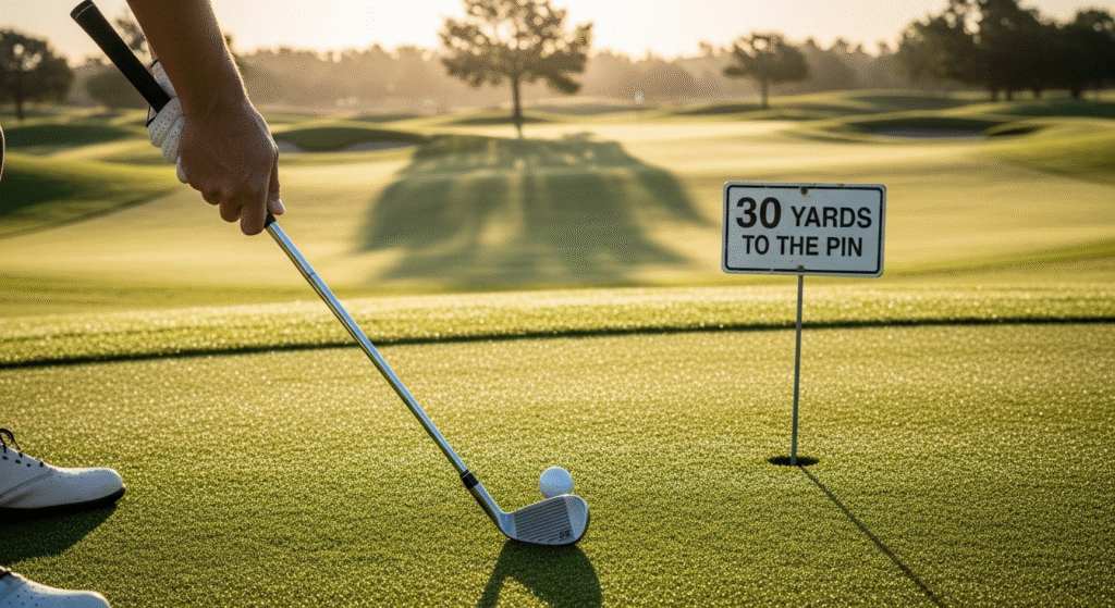輝く芝生が広がるゴルフコースで、ゴルファーがボールを打つためにクラブを構え、「30 YARDS TO THE PIN」の標識が立っています。
