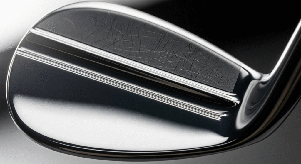 光沢のある縁と、複数の溝や傷が付いたマットな打面を持つゴルフクラブヘッドのクローズアップ。