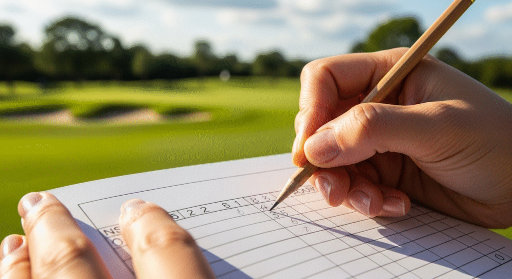 晴れたゴルフコースを背景に、手が鉛筆でゴルフのスコアカードにスコアを書き込んでいる。