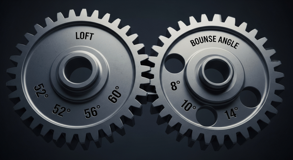 「LOFT」と「BOUNCE ANGLE」という設定項目と複数の角度の数値が刻まれた、噛み合う2つの金属製の歯車。