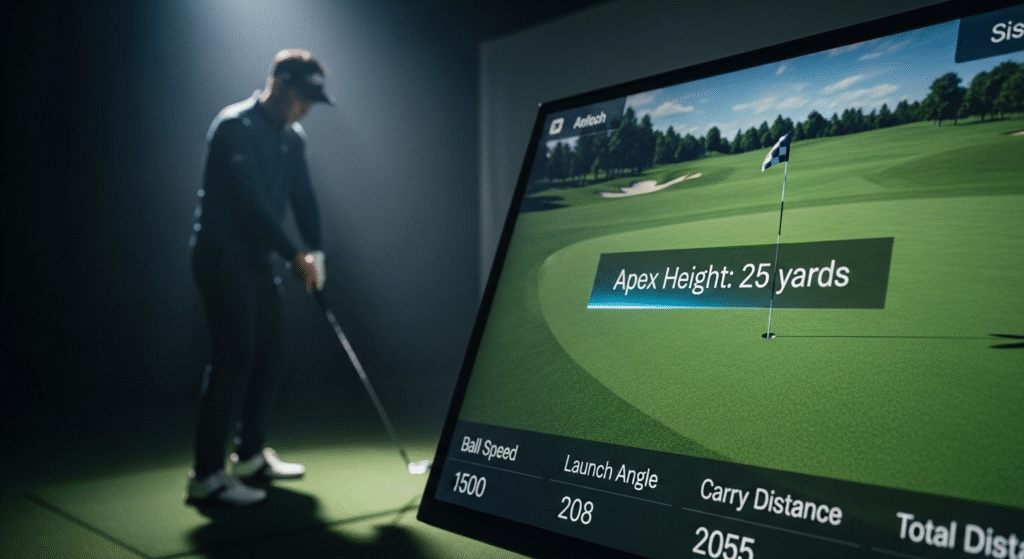 手前に「Apex Height: 25 yards」などのショットデータが表示されたゴルフシミュレーターのモニターがあり、奥でゴルファーがスイングしている。