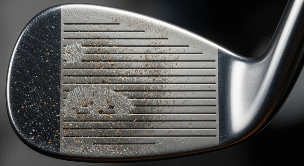 土や擦り傷が付着した、使い込まれたゴルフウェッジのフェースのクローズアップ画像。