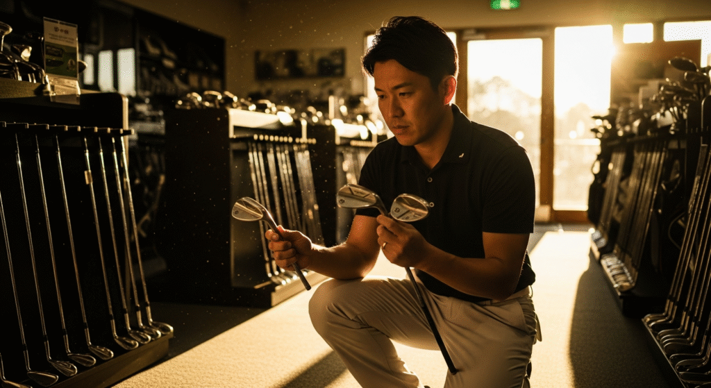 夕日が差し込むゴルフ用品店で、アジア人男性がしゃがんで2本のゴルフウェッジを比較している様子。