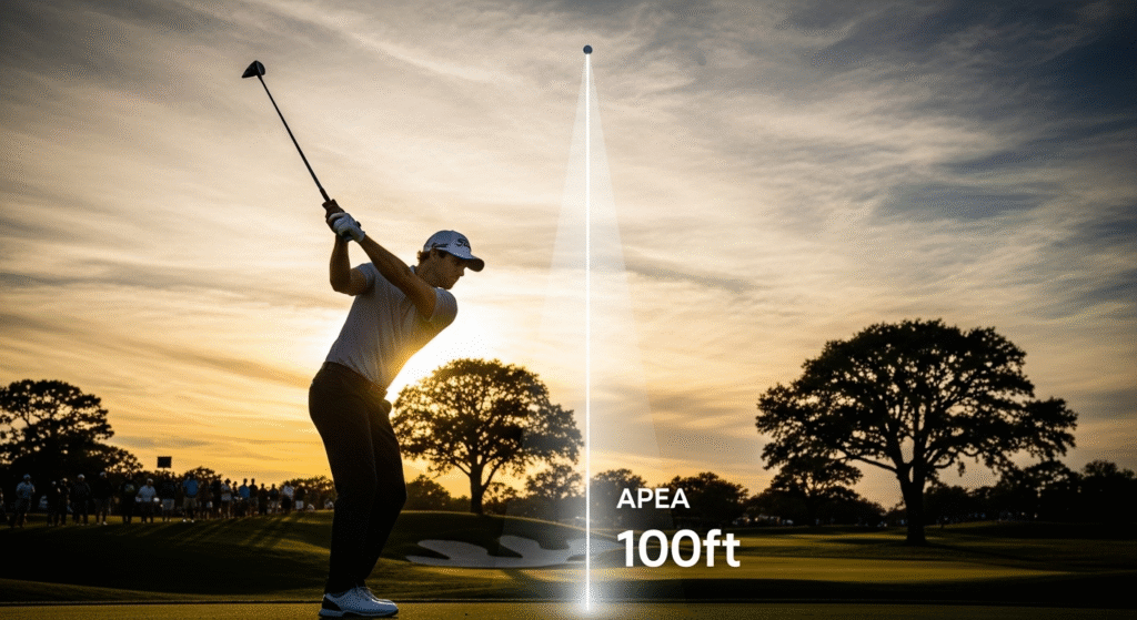 夕暮れのゴルフコースで、スイング中の男性ゴルファーと、APEA 100ftの高さを示す光の柱が伸びる空中のゴルフボールが写っています。