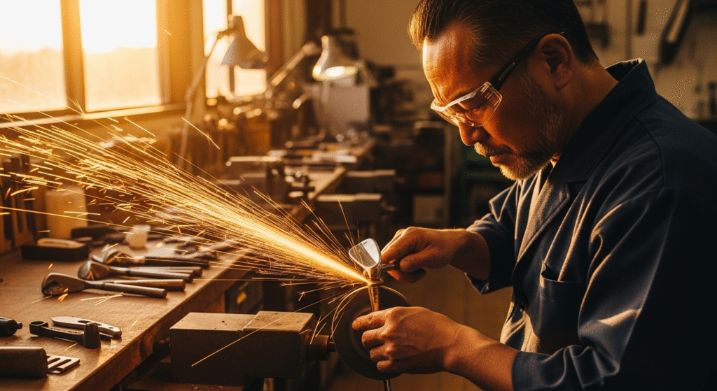 安全メガネをかけた男性が工房で金属を研磨しており、明るい火花が勢いよく飛び散っている様子。