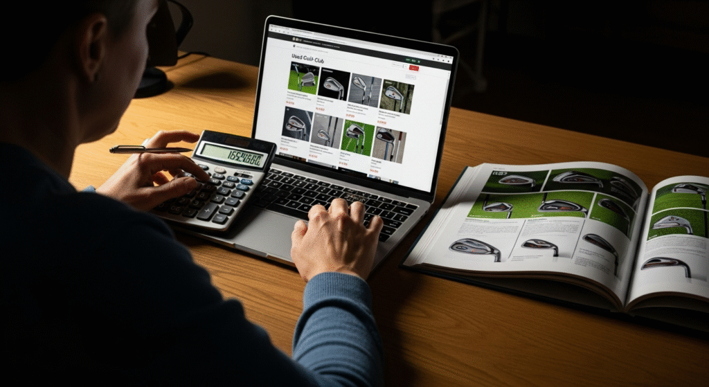 ノートパソコンのゴルフクラブ販売サイトと開かれたカタログを参考に、電卓を操作している人物。