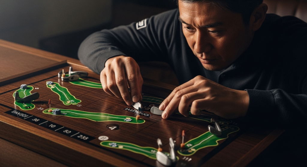 真剣な表情の男性が、ゴルフコースが描かれたボードゲーム上で、小さなゴルフの駒を操作している様子。