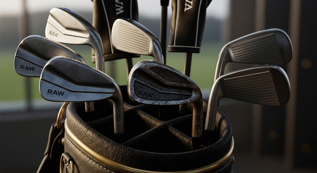 黒いゴルフバッグに立てられた、使い込まれたものと新品同様の「RAW」と刻印されたゴルフクラブのクローズアップ。