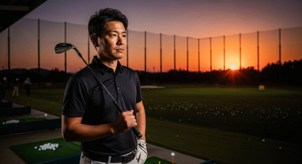ゴルフ練習場で、夕焼けを背にゴルフクラブを肩にかつぐ男性。