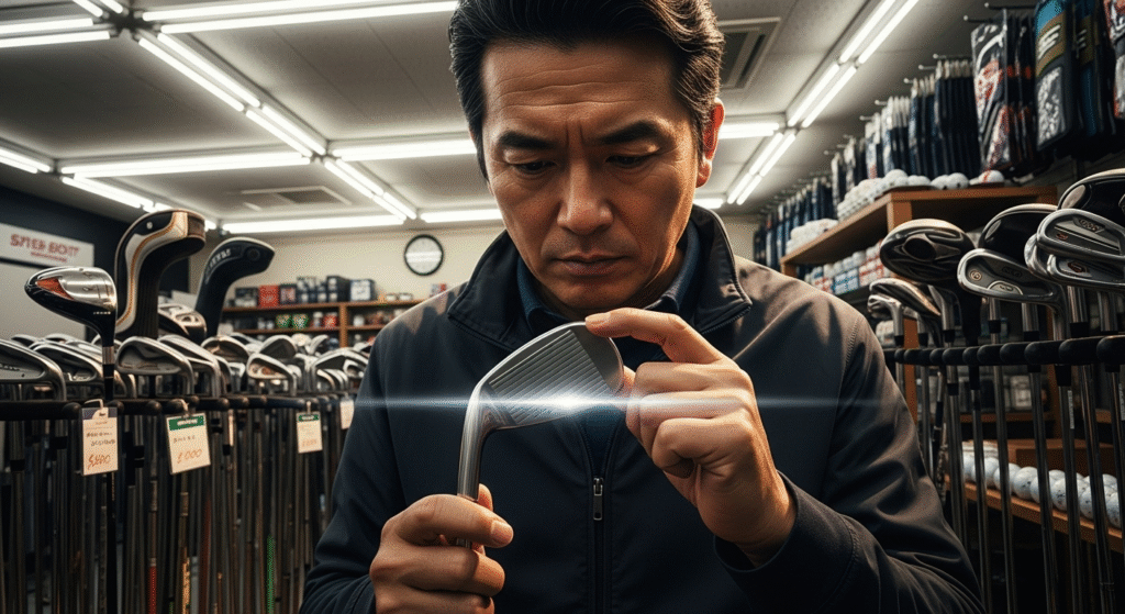 ゴルフ用品店で、一人の男性が手に持ったゴルフアイアンを真剣な表情で調べている。