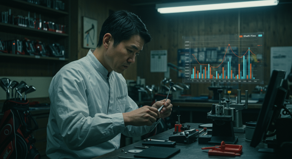 ゴルフ工房で作業着の男性が、ホログラムで表示されるシャフトフレックスのグラフを見ながらゴルフクラブの部品を調整しています。