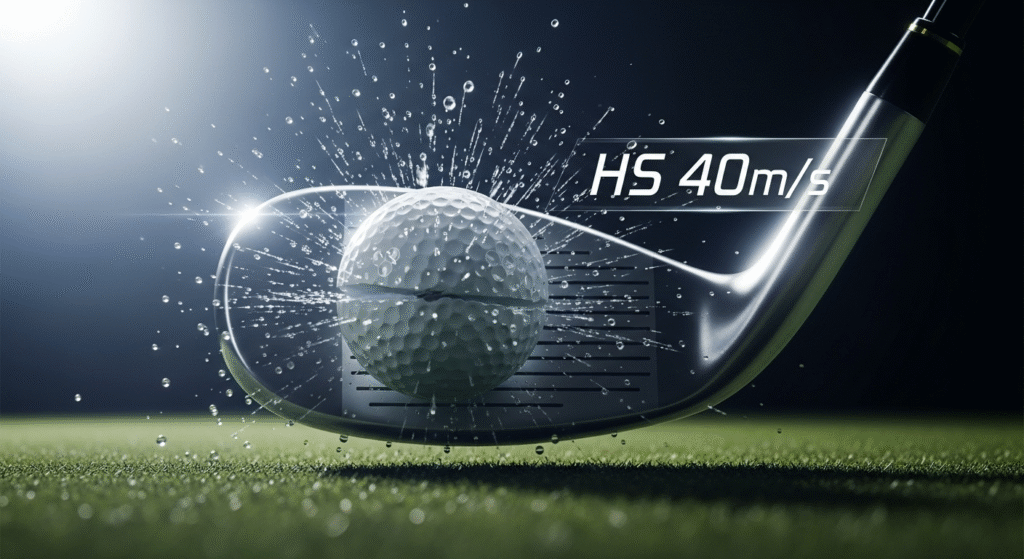 ヘッドスピード「HS 40m/s」でゴルフクラブがゴルフボールを打つ瞬間を、飛び散る水しぶきと共に捉えた画像。