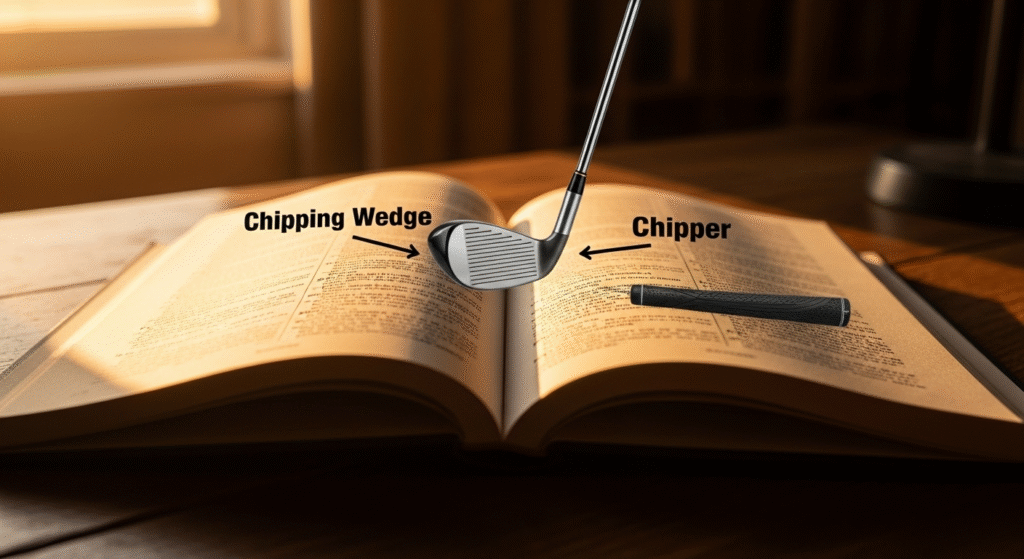 開いた本の上に「Chipping Wedge」と記されたゴルフクラブのヘッドと、「Chipper」と記されたグリップが矢印で示されています。